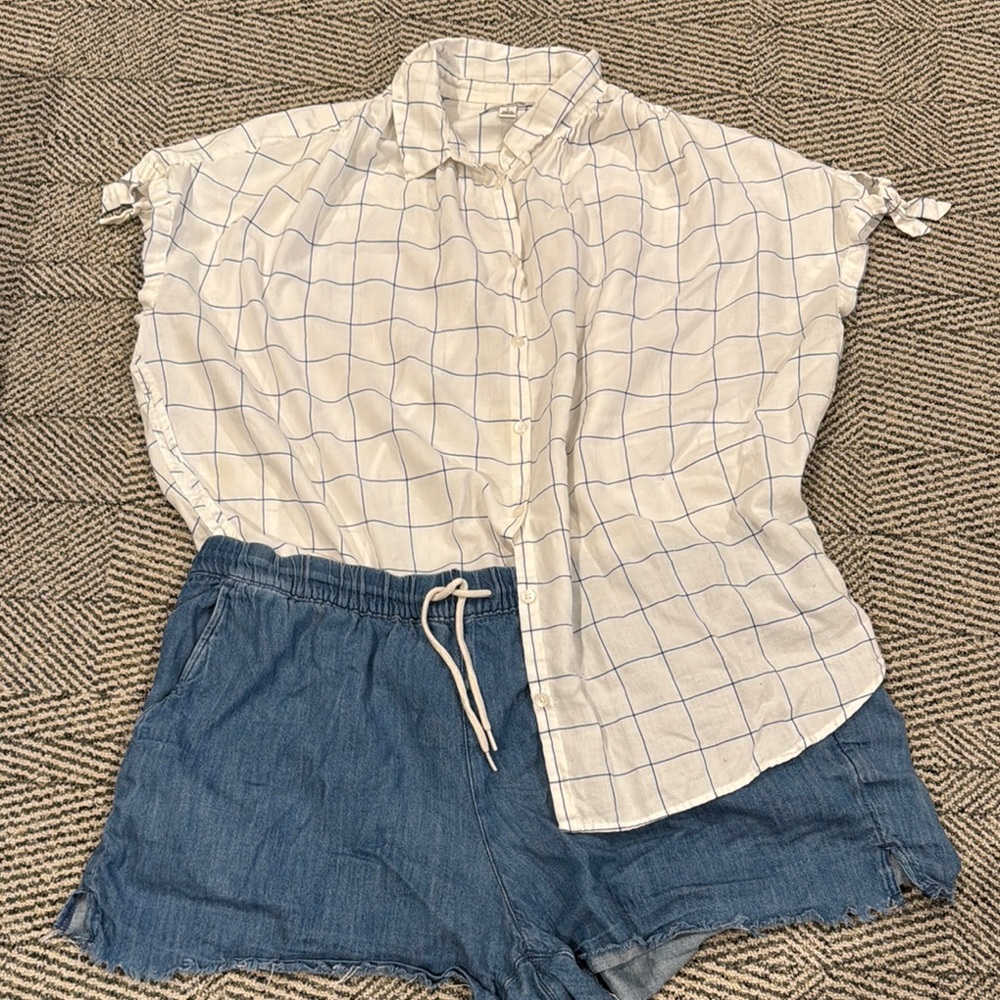 Madewell White and Blue Checkered Casual Button Down Shirt
